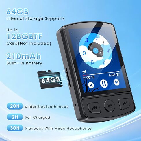 مشغل MP3 Fohil مع بلوتوث 5.2، مشغل MP3 محمول بسعة 64 جيجابايت مع مشبك، مشغل موسيقى MP3 صغير مع سماعات أذن وراديو FM وقراءة الكتب الإلكترونية ومكبر صوت HiFi، أفضل هدية لمحبي الموسيقى in Kuwait