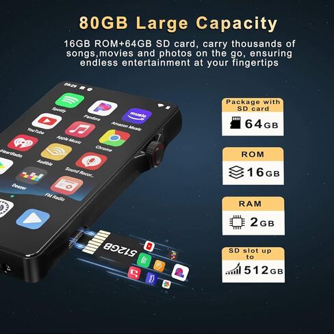 مشغل MP3 سعة 80 جيجابايت مع بلوتوث وواي فاي، مشغل MP3 مع سبوتيفي، باندورا، موسيقى أمازون 4 بوصة شاشة تعمل باللمس مشغل موسيقى أندرويد مع ليبي، راديو FM مشغل MP3 بلوتوث مع صوت هاي فاي للعدائين الرياضيين in Kuwait