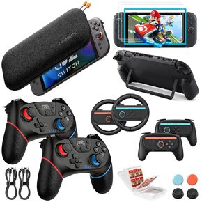حزمة ملحقات وحدات التحكم الاحترافية لجهاز Nintendo Switch 2 17 في 1: حقيبة حمل، حافظة واقية قابلة للإرساء، مقابض Joy-con، عجلات القيادة، واقيات الشاشة، حافظة بطاقات الألعاب، مقابض الإبهام لجهاز Switch 2 in Kuwait