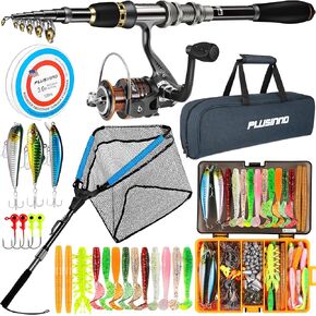 PLUSINNO Fishing Gear, Fishing Rod with 137PCS Lures, Fishing Net, Fishing Starter Kit with Rod and Reel Combo, Tackle Box Floating Net and Carrying Bag for Bass Trout, Fishing Gifts Stuff for Men in Saudi Arabia