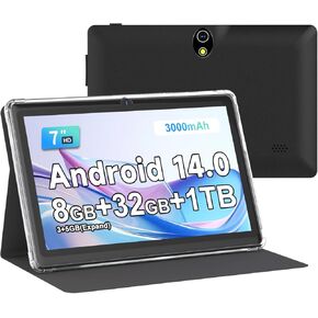 DIGITHINK 7 Inch Android 14 Tablet, 8GB RAM(3+5GB Expand) + 32GB ROM, HD Touchscreen, Dual 2MP Cameras, 3000mAh Battery, Tablet with Case for Adults (Black) in Kuwait