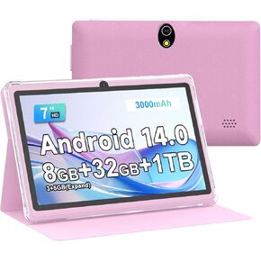 DIGITHINK 7 Inch Android 14 Tablet, 8GB RAM(3+5GB Expand) + 32GB ROM, HD Touchscreen, Dual 2MP Cameras, 3000mAh Battery, Tablet with Case for Adults （Pink） in Saudi Arabia