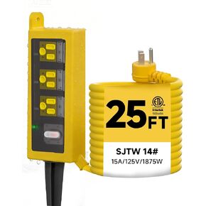 سلك تمديد خارجي، 3 منافذ واسعة، 1875 وات/15 أمبير، شريط طاقة SJTW شديد التحمل 25FT 14AWG مع واقي من التيار الزائد، مقاوم للماء في جميع الأحوال الجوية وIP66، مثالي للفناء الخلفي، الفناء، الحديقة، حمام السباحة، المرآب in Kuwait