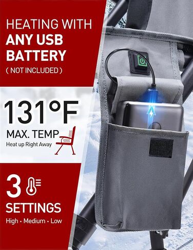 Docusvect Heated Camping Chair for Adults, Heats Back and Seat, 3 Heat Levels, Fully Padded Heated Folding Chair for Outdoor Sports with Cup Holder, Rich Pockets, Battery NOT Included in Saudi Arabia