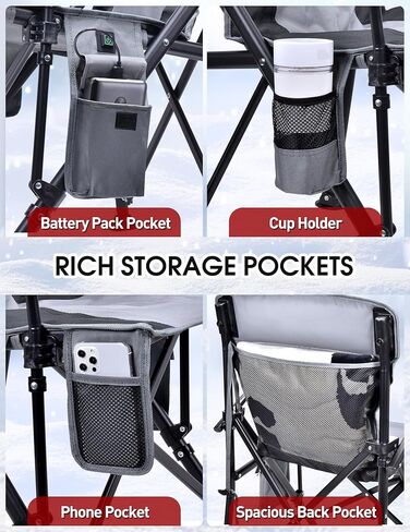 Docusvect Heated Camping Chair for Adults, Heats Back and Seat, 3 Heat Levels, Fully Padded Heated Folding Chair for Outdoor Sports with Cup Holder, Rich Pockets, Battery NOT Included in Saudi Arabia