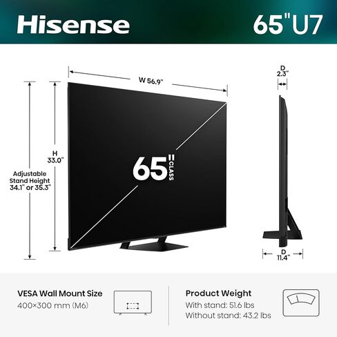 تلفزيون Hisense 65 بوصة U7 Mini-LED ULED 4K UHD أفضل تلفزيون ذكي للألعاب HDR Smart Fire (65U7SF، 2026 جديد) - Hi-QLED، 165 هرتز أصلي، VRR 330، Dolby Vision IQ · Atmos، IMAX Enhanced، مضاد للانعكاس، 2.1.2 قناة، Alexa+ in Kuwait