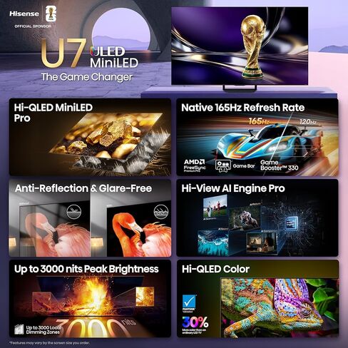 تلفزيون Hisense 65 بوصة U7 Mini-LED ULED 4K UHD أفضل تلفزيون ذكي للألعاب HDR Smart Fire (65U7SF، 2026 جديد) - Hi-QLED، 165 هرتز أصلي، VRR 330، Dolby Vision IQ · Atmos، IMAX Enhanced، مضاد للانعكاس، 2.1.2 قناة، Alexa+ in Kuwait