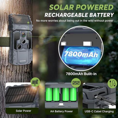 كاميرا WOSPORTS Solar WiFi Trail مع بطارية مدمجة 7800 مللي أمبير في الساعة، وكاميرا ألعاب بدقة 48 ميجابكسل لأمن الحياة البرية على مدار الساعة طوال أيام الأسبوع، ومشغل 0.1 ثانية، وكاميرات الحياة البرية المقاومة للماء IP66 مع 8 بطاريات AA وبطاقة SD سعة 64 ج in Saudi Arabia
