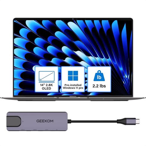 كمبيوتر محمول GEEKOM GeekBook X14 Pro، كمبيوتر محمول رفيع للغاية 2.2 رطل 14 بوصة 2.8K OLED، Ultra 9 185H، 32 جيجابايت LPDDR5x 7500 ميجا هرتز ذاكرة الوصول العشوائي 1 تيرابايت SSD، حتى 16 ساعة، 2X USB4، بصمة الإصبع، المحور، مساعد الطيار، Windows 11 Pro in Kuwait