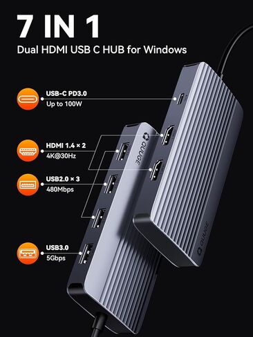 محطة إرساء QUUGE شاشة مزدوجة 2 HDMI، محور USB C 7 في 1 مع HDMI مزدوج 4K، شحن PD، 5 جيجابت في الثانية USB 3.0، 3 USB2.0، محطة إرساء USB C لأجهزة Dell XPS/HP/Lenovo/Surface/Yoga إلخ in Kuwait
