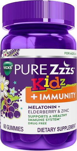 ZzzQuil VICKS Pure Kidz + Immunity، علكات الميلاتونين للمساعدة على النوم للأطفال والأطفال، الزنك لدعم المناعة، جرعة منخفضة من الميلاتونين، بنكهة التوت، 60 علكة in Kuwait