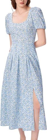 CIDER Floral Midi Dress Women's Summer Square Neck Puff Sleeve Slit Dresses in Saudi Arabia
