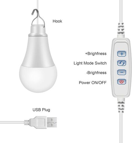 لمبة إضاءة LED USB 10 وات، تناسب معظم محطات الطاقة المحمولة والألواح الشمسية والبطارية القابلة لإعادة الشحن، فانوس خارجي مزود بخطاف وسلك بطول 3.3 قدم، معدات أساسية للتخييم/المشي لمسافات طويلة/انقطاع التيار الكهربائي، استخدام الشاحنة/الخيمة/المرآب in Saudi Arabia