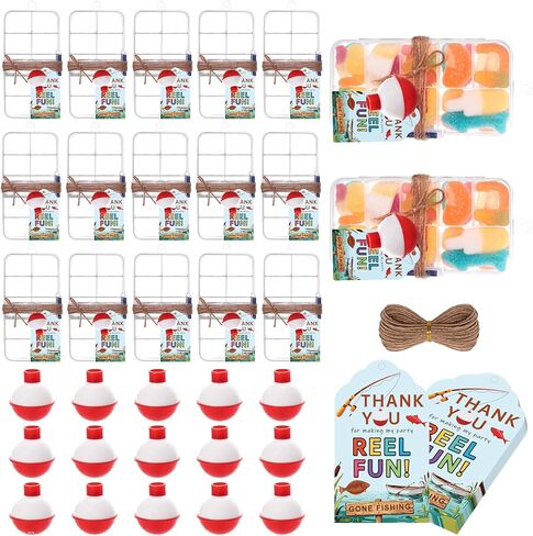 15 Pcs Fishing Party Favors Mini Candy Tackle Boxes with Bobber Float Cards | Mini Tackle Boxes for Party Favors, Clear Little Boxes，Red White Floats, Thank You Cards, Fishing Birthday Party Decor in Saudi Arabia