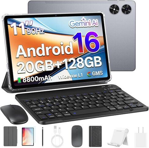 Android 16 Tablet with Keyboard, 11 Inch Tablet with Octa-Core & Gemini AI, 20GB RAM+128GB ROM (1TB Expandable), 13MP+8MP Dual Camera, 8800mAh, Wi-Fi 6, Widevine L1, 2-in-1 with Mouse & Stylus (Gray) in Saudi Arabia
