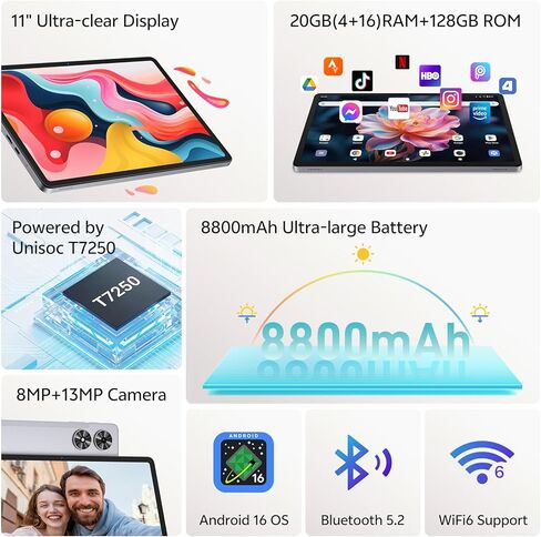 Android 16 Tablet with Keyboard, 11 Inch Tablet with Octa-Core & Gemini AI, 20GB RAM+128GB ROM (1TB Expandable), 13MP+8MP Dual Camera, 8800mAh, Wi-Fi 6, Widevine L1, 2-in-1 with Mouse & Stylus (Gray) in Saudi Arabia