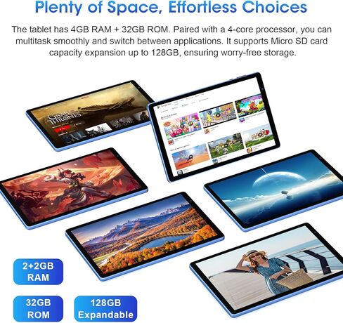Tablet 10 inch, 32GB Storage, Quad-Core,HD IPS Screen,Dual Camera, WiFi, Bluetooth, Tablets with 6000mAh Battery, Type-C (Blue) in Saudi Arabia