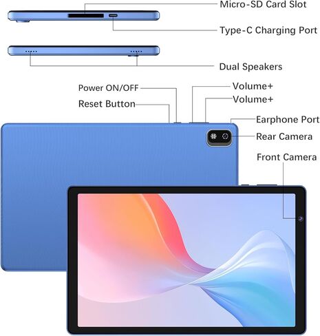 Tablet 10 inch, 32GB Storage, Quad-Core,HD IPS Screen,Dual Camera, WiFi, Bluetooth, Tablets with 6000mAh Battery, Type-C (Blue) in Saudi Arabia