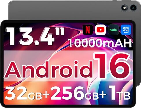 Android 16 Tablet,13.4 inch Large Tablet with Octa-Core Processor, 32GB RAM + 256GB ROM, 10000mAh Battery,1920x1200 IPS, 2.4/5Ghz Dual WiFi/5+8MP/GPS/Gemini AI/Widevine L1, Case Included in Saudi Arabia