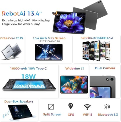 Android 16 Tablet,13.4 inch Large Tablet with Octa-Core Processor, 32GB RAM + 256GB ROM, 10000mAh Battery,1920x1200 IPS, 2.4/5Ghz Dual WiFi/5+8MP/GPS/Gemini AI/Widevine L1, Case Included in Saudi Arabia