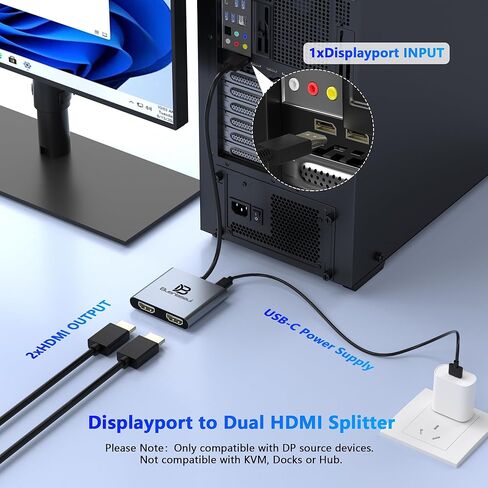 محول DisplayPort إلى HDMI مزدوج 4K@60 هرتز، مقسم DisplayPort لشاشات HDMI المزدوجة، يدعم محور العرض SST/MST الممتد، مقسم DP 1 في 2 للكمبيوتر الشخصي، سطح المكتب، بطاقة رسومات NVIDIA/AMD in Kuwait