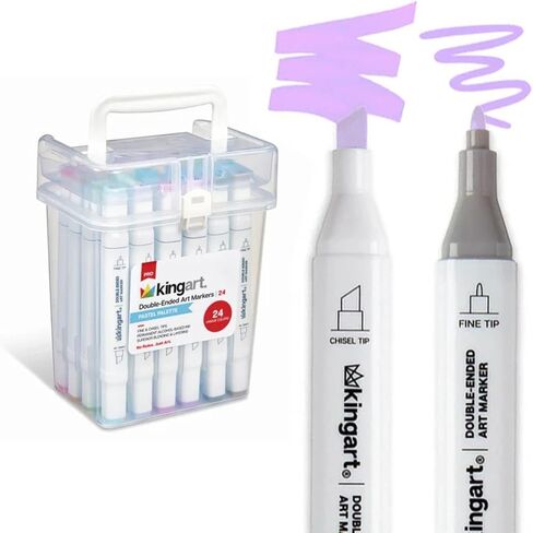 KINGART, Pastel Color Palette, Chisel & Fine Tip, Alcohol-Based Ink, Storage Case Double-Ended Sketch Markers, Assorted 24 Piece, (424-24B) in Saudi Arabia