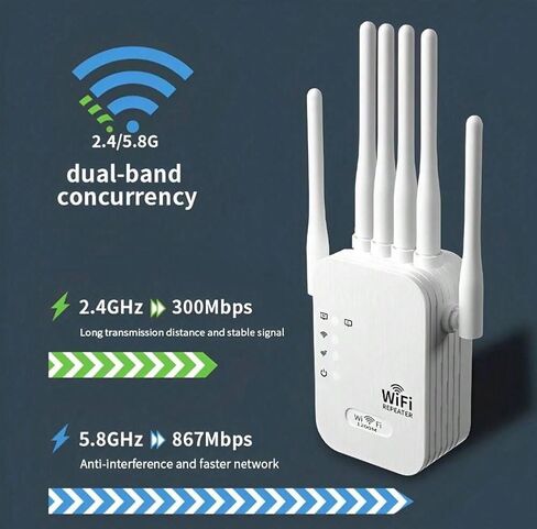 2026 معزز إشارة موسعات WiFi للمنزل، 1200 ميجابت في الثانية ثنائي النطاق 5 جيجا هرتز 2.4 جيجا هرتز إشارة طويلة المدى تصل إلى 10000 قدم مربع و50 جهازًا (6 هوائيات) in Kuwait