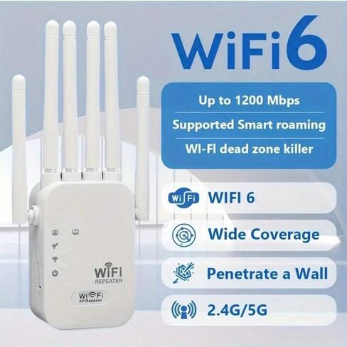 2026 معزز إشارة موسعات WiFi للمنزل، 1200 ميجابت في الثانية ثنائي النطاق 5 جيجا هرتز 2.4 جيجا هرتز إشارة طويلة المدى تصل إلى 10000 قدم مربع و50 جهازًا (6 هوائيات) in Kuwait