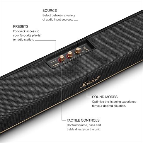 Marshall Heston 120 Soundbar - Dolby Atmos Immersive Sound and Built-in Subwoofer for TV, Movies and Music | Volume, Bass, Treble Controls | Bluetooth, WiFi, HDMI, RCA Inputs - Black in Saudi Arabia