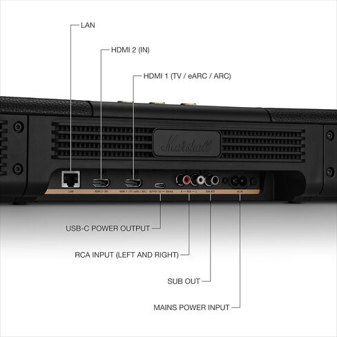 Marshall Heston 120 Soundbar - Dolby Atmos Immersive Sound and Built-in Subwoofer for TV, Movies and Music | Volume, Bass, Treble Controls | Bluetooth, WiFi, HDMI, RCA Inputs - Black in Saudi Arabia