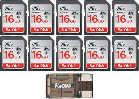 SanDisk Ultra 16GB Class SD Memory Card (10-Pack) with Focus All-in-One High Speed USB Reader Bundle (11 Items) in Saudi Arabia