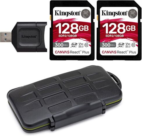 بطاقة Kingston 128GB Canvas React Plus V90 UHS-II SDXC مع قارئ بطاقة SD UHS-II (عبوتان) وحزمة حافظة الذاكرة (3 عناصر) in Saudi Arabia