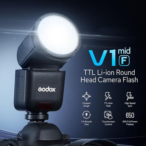 Godox V1 Mid F Flash for Fujifilm, 55Ws 2.4G TTL Round Head Touchscreen Speedlite for Fuji HSS 1/8000s, 2200mAh Li-ion Battery, 650 Full Power Shots, 1.7s Recycle Time, 10 Level LED Modeling Lamp in Saudi Arabia