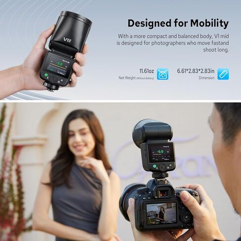 Godox V1 Mid F Flash for Fujifilm, 55Ws 2.4G TTL Round Head Touchscreen Speedlite for Fuji HSS 1/8000s, 2200mAh Li-ion Battery, 650 Full Power Shots, 1.7s Recycle Time, 10 Level LED Modeling Lamp in Saudi Arabia