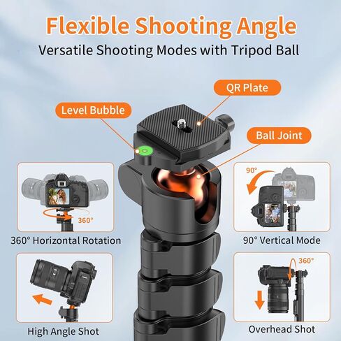 XXZU 75" Camera Tripod, Tripod For Camera Phone with Remote, 360°Ball Head & Phone Holder, Aluminum Compact Phone Tripod/Monopod, Camera Stand Tripod Compatible with iPhone/Canon/DSLR,Max Load 17.64lb in Saudi Arabia