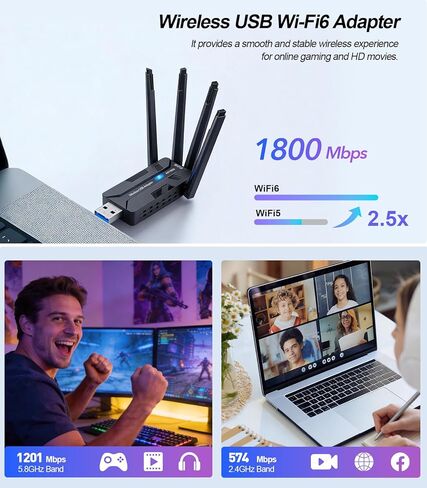 محول USB AX1800Mbps WiFi 6 لأجهزة الكمبيوتر المكتبية والكمبيوتر المحمول، محول شبكة لاسلكي بهوائي 8dBi، محرك مدمج/نطاق مزدوج 5/2.4 جيجا هرتز متوافق مع Windows 7/10/11، USB3.0 in Saudi Arabia