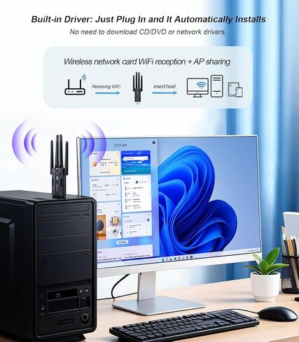 محول USB AX1800Mbps WiFi 6 لأجهزة الكمبيوتر المكتبية والكمبيوتر المحمول، محول شبكة لاسلكي بهوائي 8dBi، محرك مدمج/نطاق مزدوج 5/2.4 جيجا هرتز متوافق مع Windows 7/10/11، USB3.0 in Saudi Arabia
