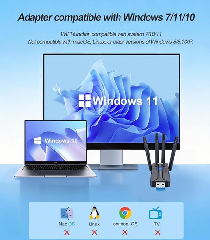 محول USB AX1800Mbps WiFi 6 لأجهزة الكمبيوتر المكتبية والكمبيوتر المحمول، محول شبكة لاسلكي بهوائي 8dBi، محرك مدمج/نطاق مزدوج 5/2.4 جيجا هرتز متوافق مع Windows 7/10/11، USB3.0 in Saudi Arabia