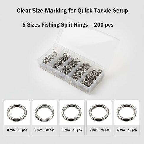 200Pcs Fishing Split Rings, Stainless Steel Lure Connector Rings in 5 Sizes, High-Strength Double Loop Rings for Lures, Hooks, Saltwater and Freshwater Fishing, Storage Box Included in Kuwait