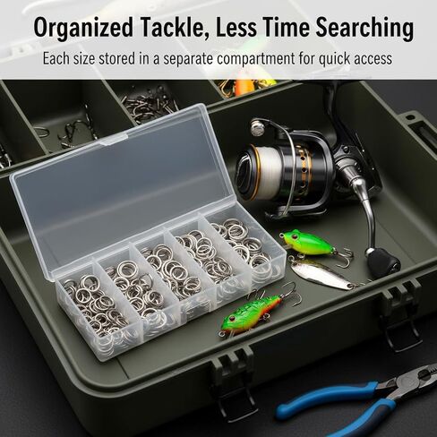200Pcs Fishing Split Rings, Stainless Steel Lure Connector Rings in 5 Sizes, High-Strength Double Loop Rings for Lures, Hooks, Saltwater and Freshwater Fishing, Storage Box Included in Kuwait
