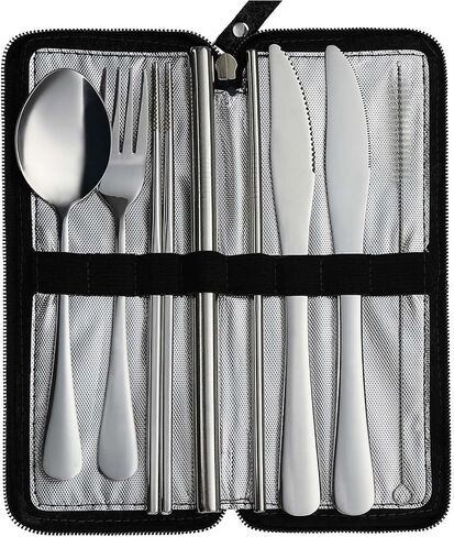 DEVICO Camping Utensils, Full-Size Reusable Silverware with Steak Knife, Boba Straw, Stainless Steel Travel Cutlery Set with Case, Fork and Spoon Set for Lunch box, Portable Flatware for Work (Silver) in Saudi Arabia
