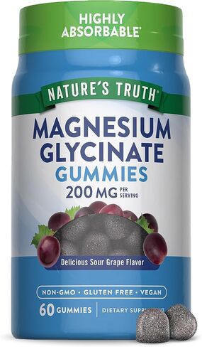 Magnesium Glycinate Gummies | 200mg | 60 Count | Vegan, Non-GMO & Gluten Free Supplement | Natural Grape Flavor | by Nature's Truth in Saudi Arabia