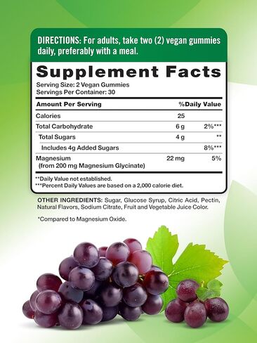 Magnesium Glycinate Gummies | 200mg | 60 Count | Vegan, Non-GMO & Gluten Free Supplement | Natural Grape Flavor | by Nature's Truth in Saudi Arabia