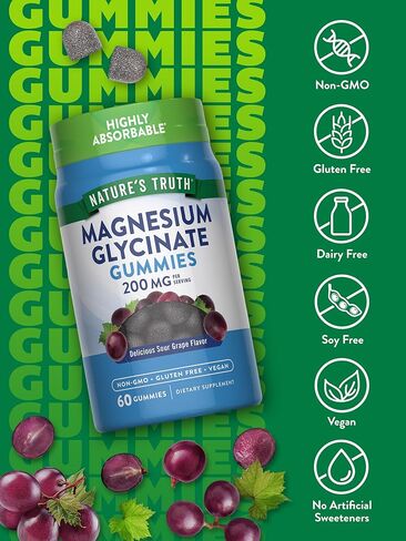 Magnesium Glycinate Gummies | 200mg | 60 Count | Vegan, Non-GMO & Gluten Free Supplement | Natural Grape Flavor | by Nature's Truth in Saudi Arabia