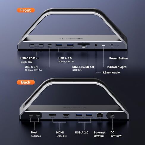 TobenONE 17-IN-2 Macbook Docking Station شاشة مزدوجة 4K، قاعدة توصيل وتشغيل للكمبيوتر المحمول لجهاز MacBook M1-M5 Pro/Max، شاحن 150 واط، 7 USB (حتى 10 جيجابت في الثانية)، 2.5 جيجا إيثرنت، للمنزل والمكتب والاستوديو in Saudi Arabia
