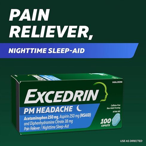 Excedrin PM Sleep Aid with Headache Relief Caplets for Nighttime Headaches and Sleeplessness - 100 Count in Saudi Arabia