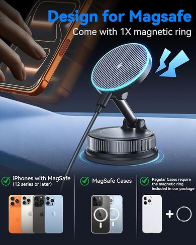 شاحن سيارة MagSafe بقدرة 15 وات، شاحن سيارة لاسلكي مغناطيسي مع كوب شفط فراغ وقاعدة لاصقة نانو، حامل هاتف سيارة قوي قابل للدوران 360 درجة لهواتف iPhone 17 16 15 14 13 12 Series، Samsung S26 in Saudi Arabia