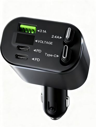 شاحن سيارة سريع 5 في 1 مع منافذ USB-A وUSB-C، وشحن عالي السرعة بقدرة 75 وات، وكابلات USB-C وLightning قابلة للسحب، متوافق مع iPhone 16/15/14 وSamsung Galaxy in Saudi Arabia