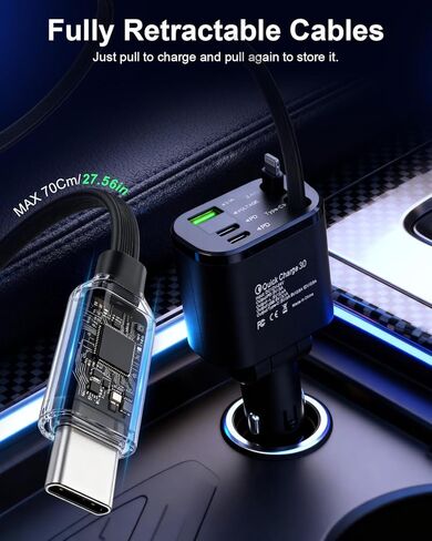 شاحن سيارة سريع 5 في 1 مع منافذ USB-A وUSB-C، وشحن عالي السرعة بقدرة 75 وات، وكابلات USB-C وLightning قابلة للسحب، متوافق مع iPhone 16/15/14 وSamsung Galaxy in Saudi Arabia