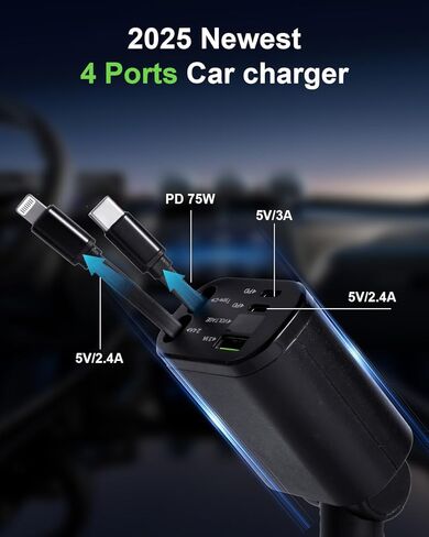 شاحن سيارة سريع 5 في 1 مع منافذ USB-A وUSB-C، وشحن عالي السرعة بقدرة 75 وات، وكابلات USB-C وLightning قابلة للسحب، متوافق مع iPhone 16/15/14 وSamsung Galaxy in Saudi Arabia